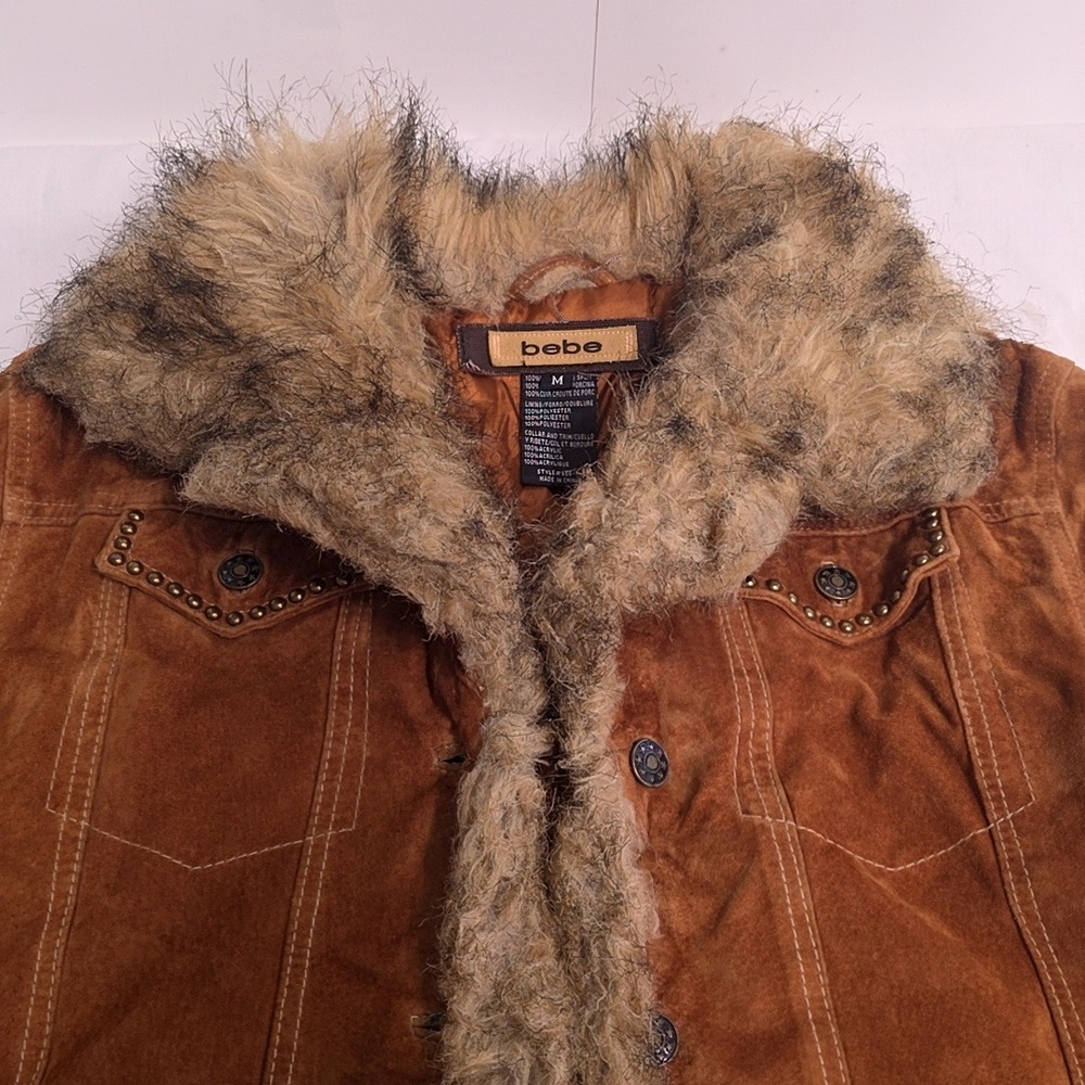 Vintage Y2k Bebe Jacket Women M Brown Suede Leather Faux Fur Trim Penny Lane - Picture 3 of 7